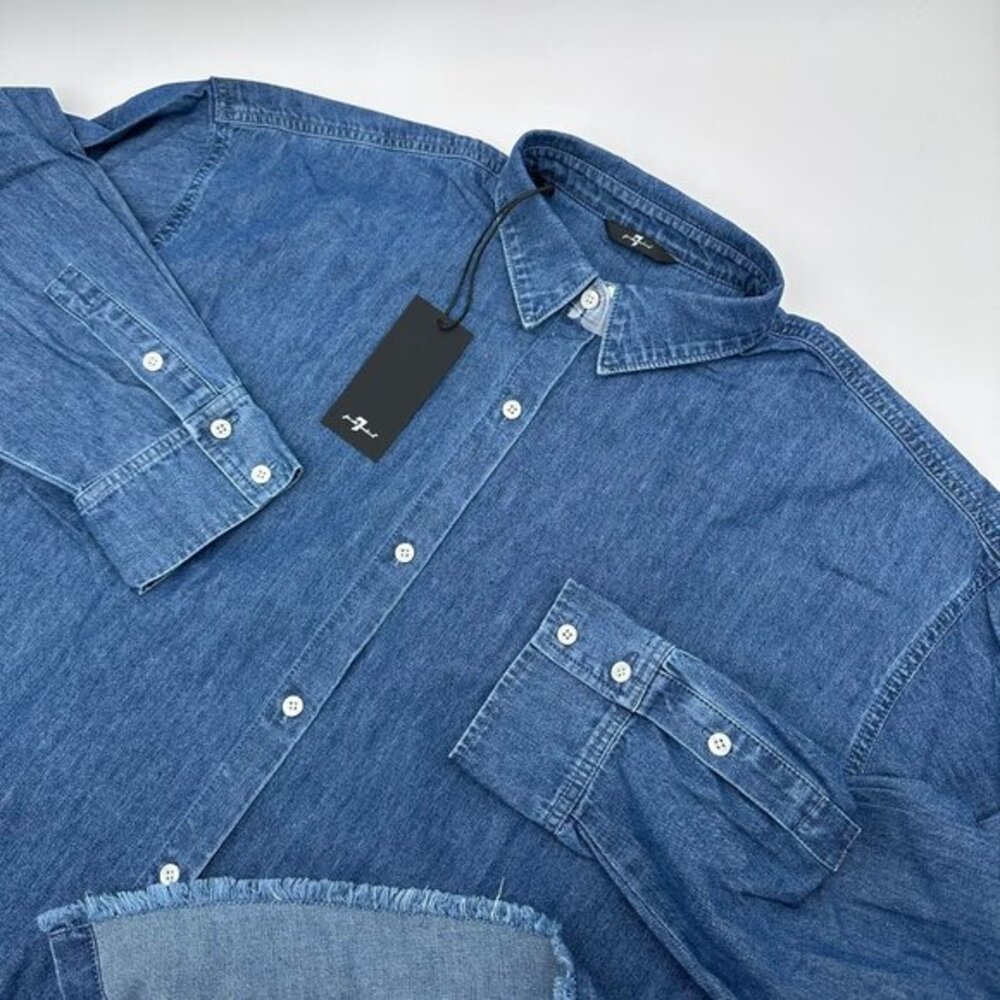 7 For All Mankind Women's Cropped Button Down Chambray Denim Shirt, Large, Blue
